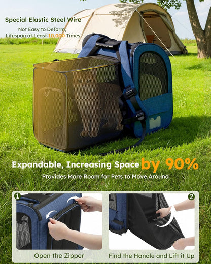 Cat Backpack Carrier Expandable, Pet Backpack for Cats & Small Dogs up to 11Lbs, with 4-Side Breathable Mesh, Multi-Entry & Lockable Zippers for Travel, Hiking, Camping - Hands Free, Blue