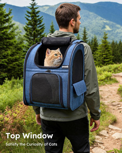 Cat Backpack Carrier Expandable, Pet Backpack for Cats & Small Dogs up to 11Lbs, with 4-Side Breathable Mesh, Multi-Entry & Lockable Zippers for Travel, Hiking, Camping - Hands Free, Blue