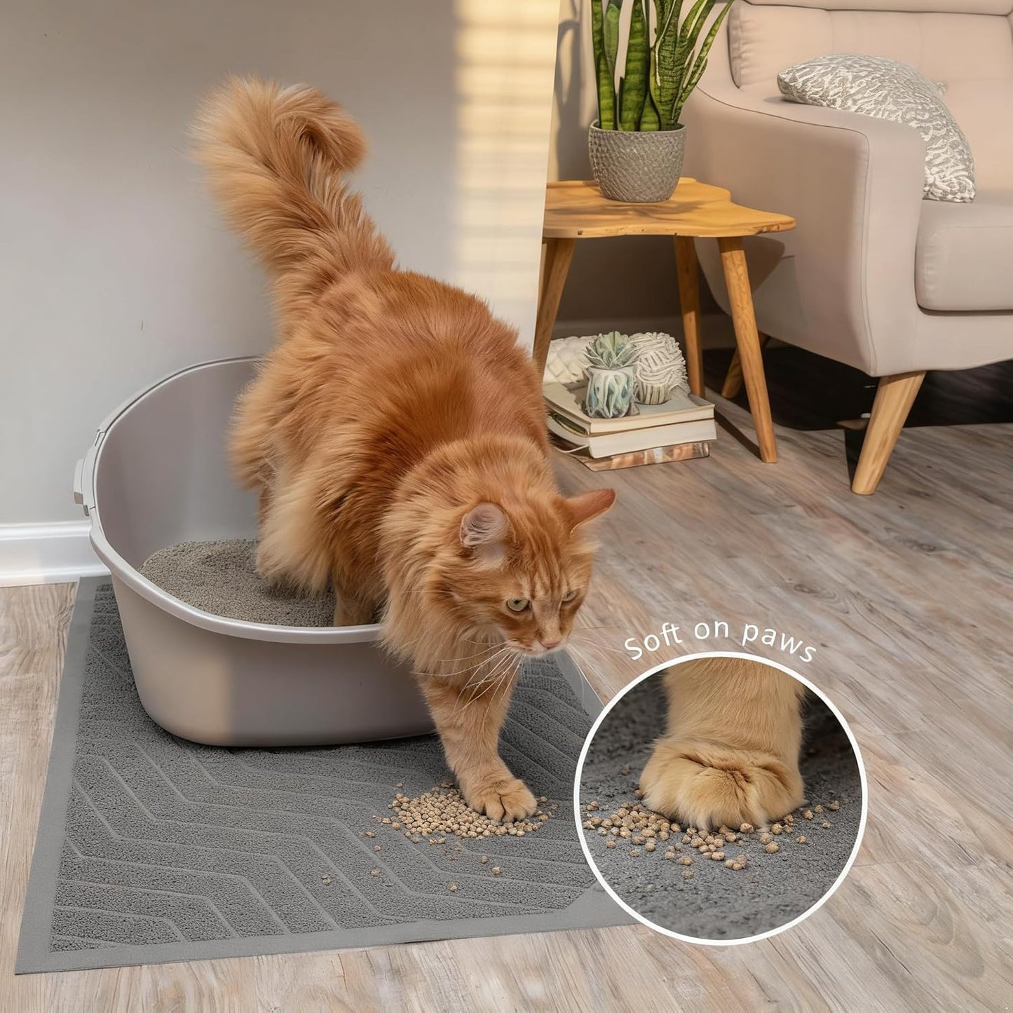 Premium PVC Cat Litter Box Mat, Durable Urine-Resistant Trapping Rug, Phthalate-Free, Scatter Control, 35" x 23", Grey